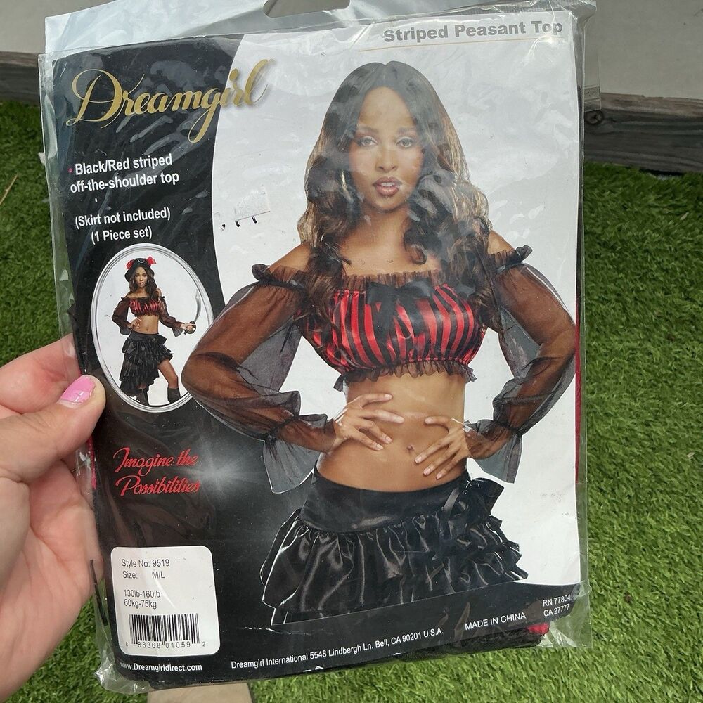 Dreamgirl Striped Peasant Top Black Red Off Shoulder Costume M/L Style 9519
